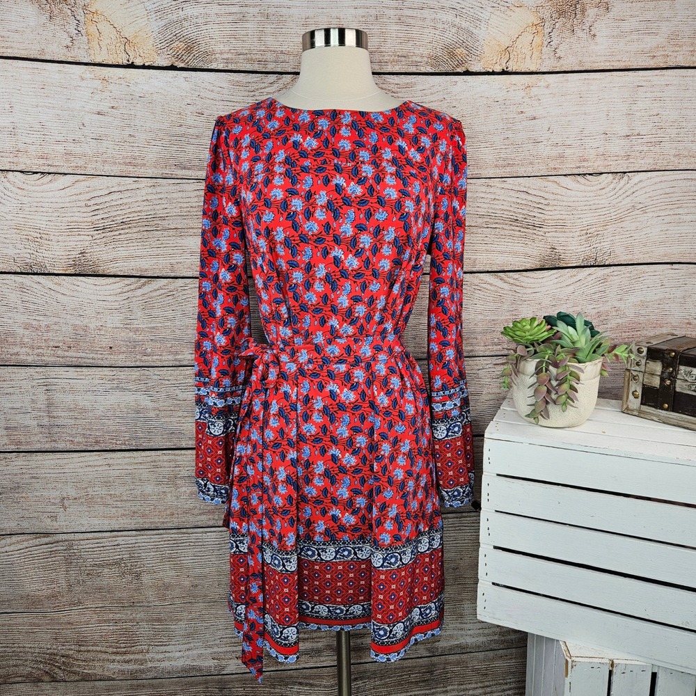 LOFT Red Floral Print Long Sleeve Belted Dress‎ Women's Small
